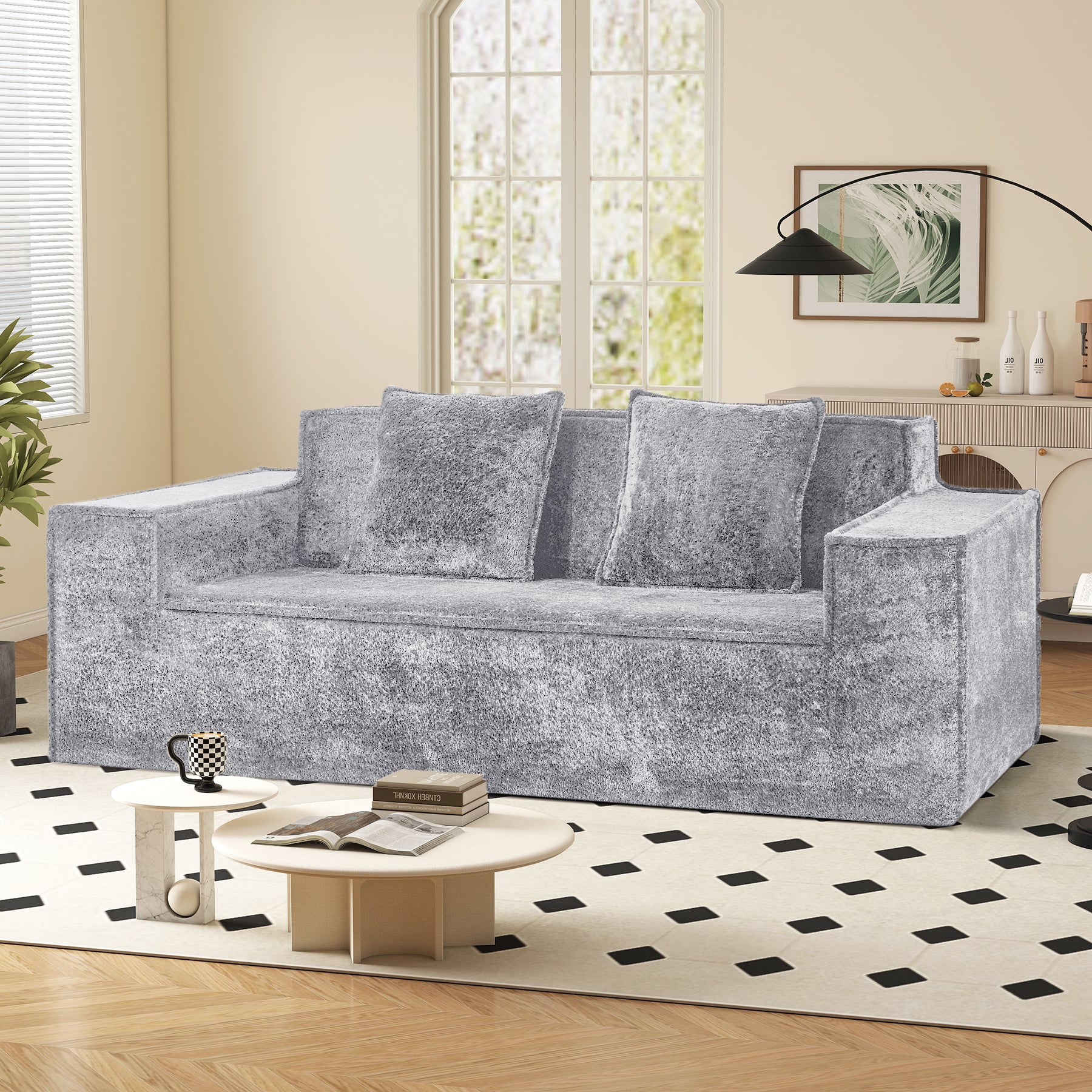 Modern Square Chenille Sofa Bed Set with Deep Seat Boneless Design Includes 2 Pillows-Living Room Bedroom Apartment