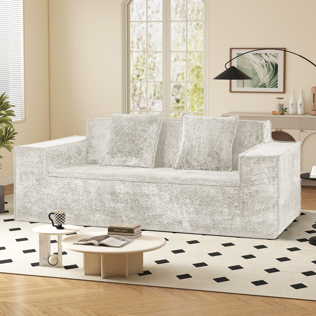 Modern Square Chenille Sofa Bed Set with Deep Seat Boneless Design Includes 2 Pillows-Living Room Bedroom Apartment