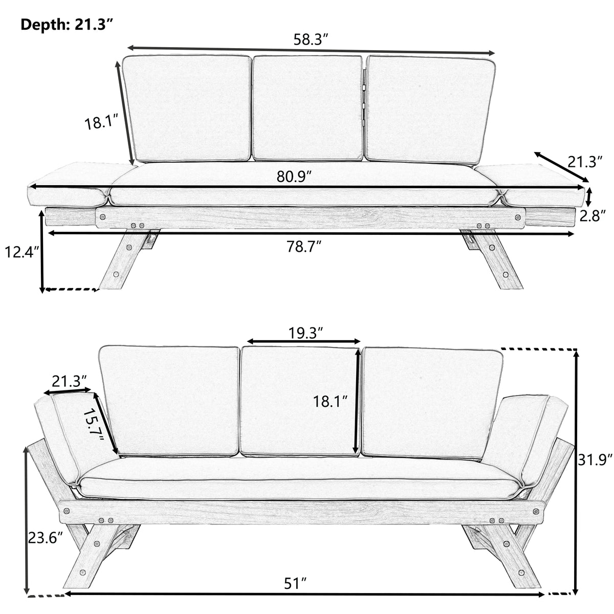 Outdoor Adjustable Brown Finish Wooden Patio Daybed Sofa Chaise Lounge With Gray Cushions