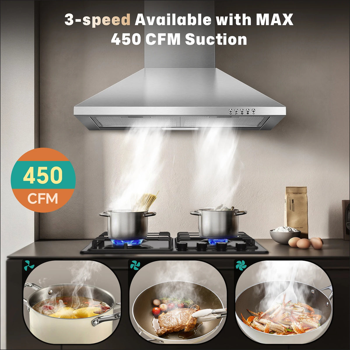 24 Inch Range Hood,Stainless Steel Oven Vent Hood,Wall Mount Kitchen Hood ,Push Button Control,3-speed Fan