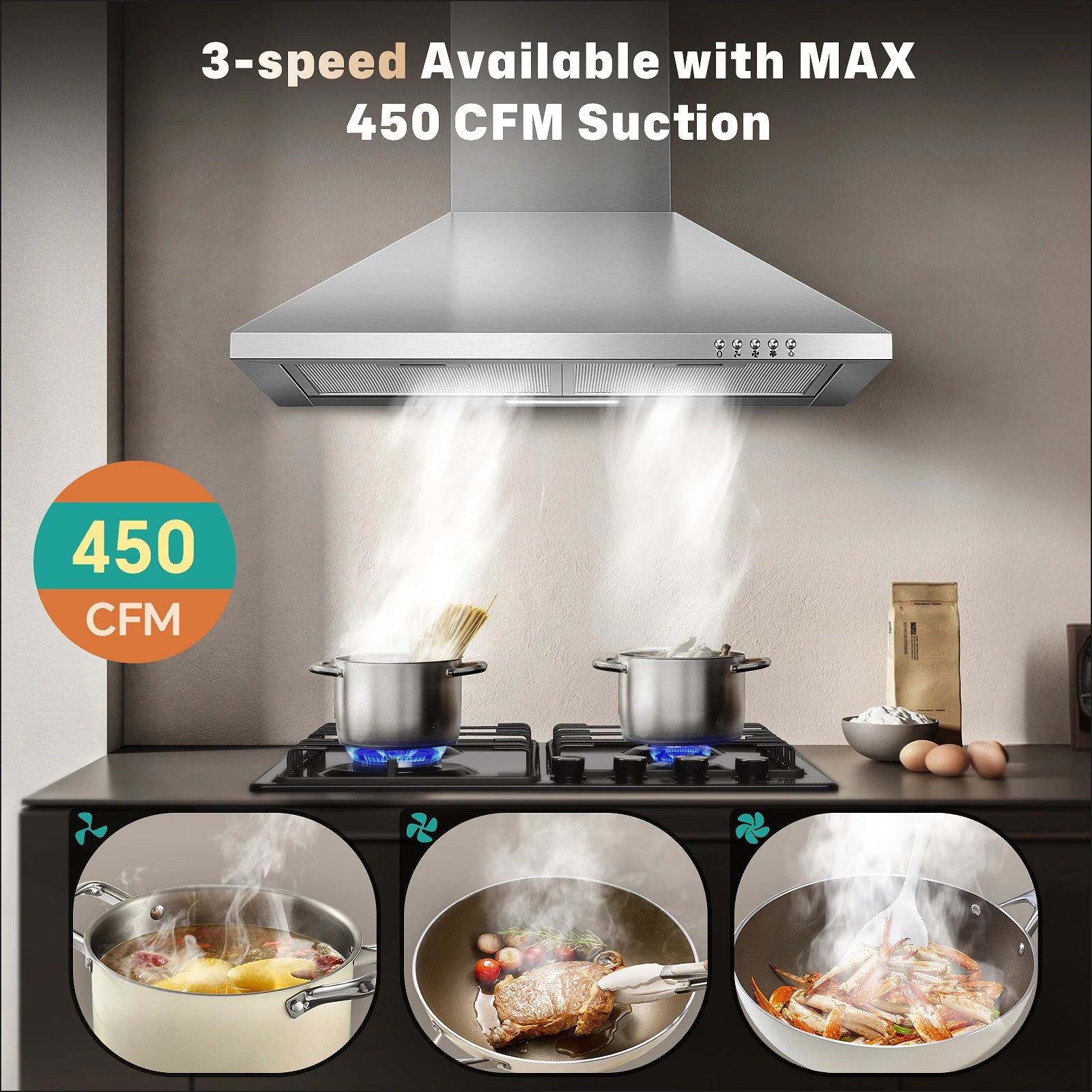 24 Inch Range Hood,Stainless Steel Oven Vent Hood,Wall Mount Kitchen Hood ,Push Button Control,3-speed Fan