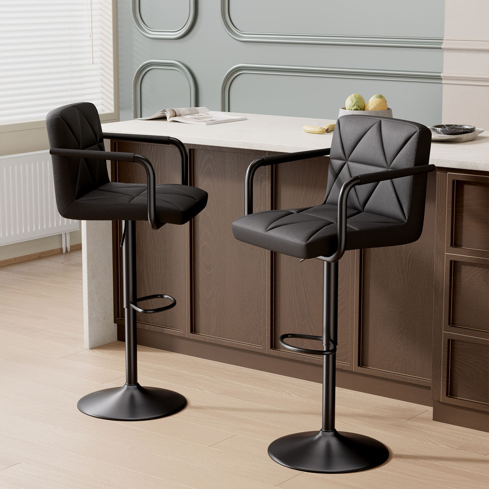 Modern Outdoor Home Bar Hotel Bar Stools Adjustable Height Swivel PU Leather Upholstered Iron Frame Square Counter Height (Set of 2)