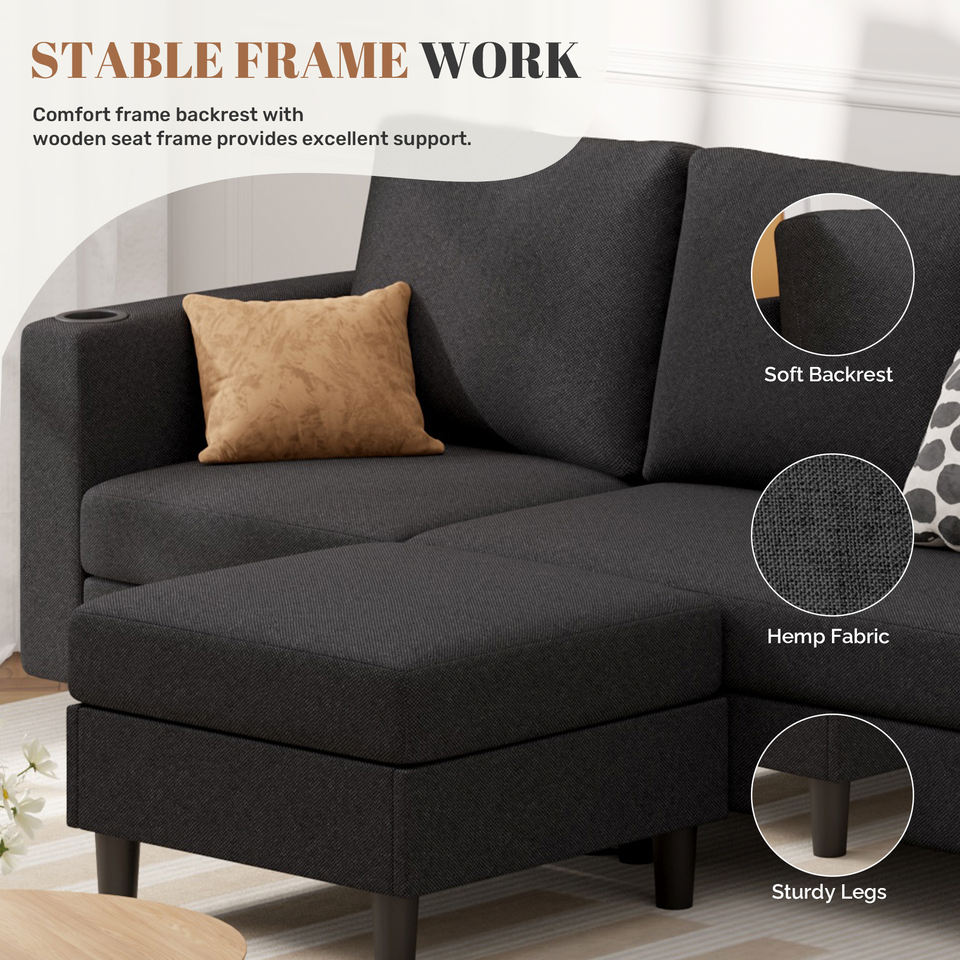 Upholstered L-Shaped 3-seat Extendable Sectional Sofa Set Massage Apartment School Use Washable Linen Covers Modern Sofa Bed