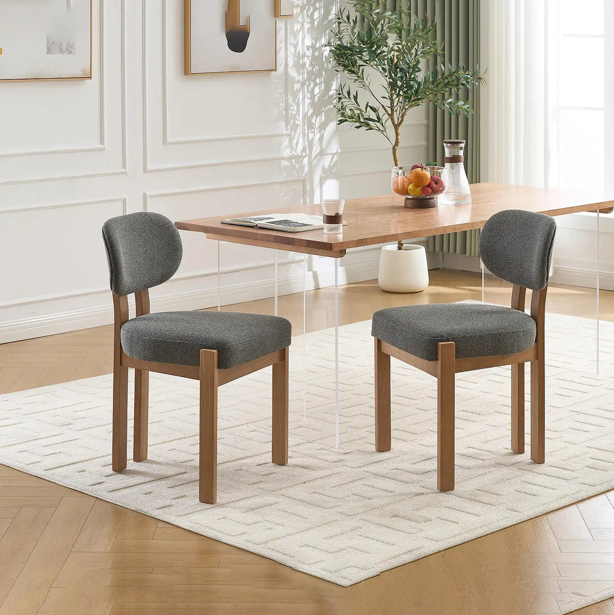 Elegant Farmhouse Accent Cane Solid Wood Leg Chenille Fabric Upholstered Dining Chair For Home Furniture