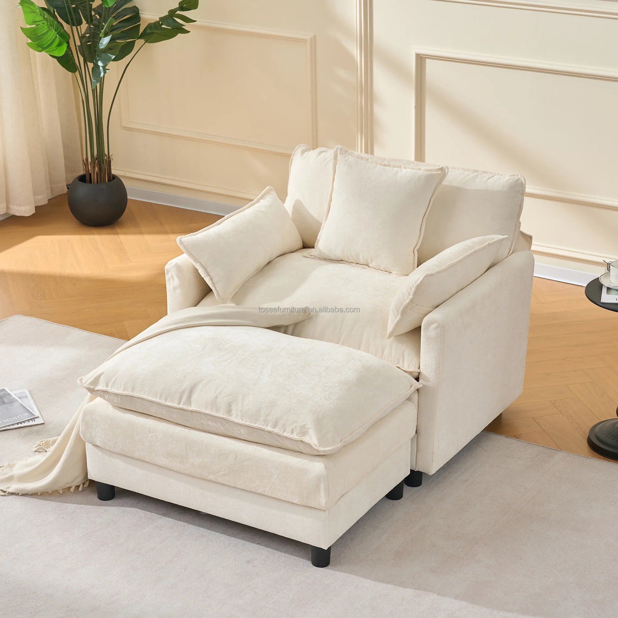 Chenille Two Seat Accent Sofa Ottoman Cozy Upholstered Modern Sofa Set Beige Lounge Decorative Pillows Wood Le - view 2