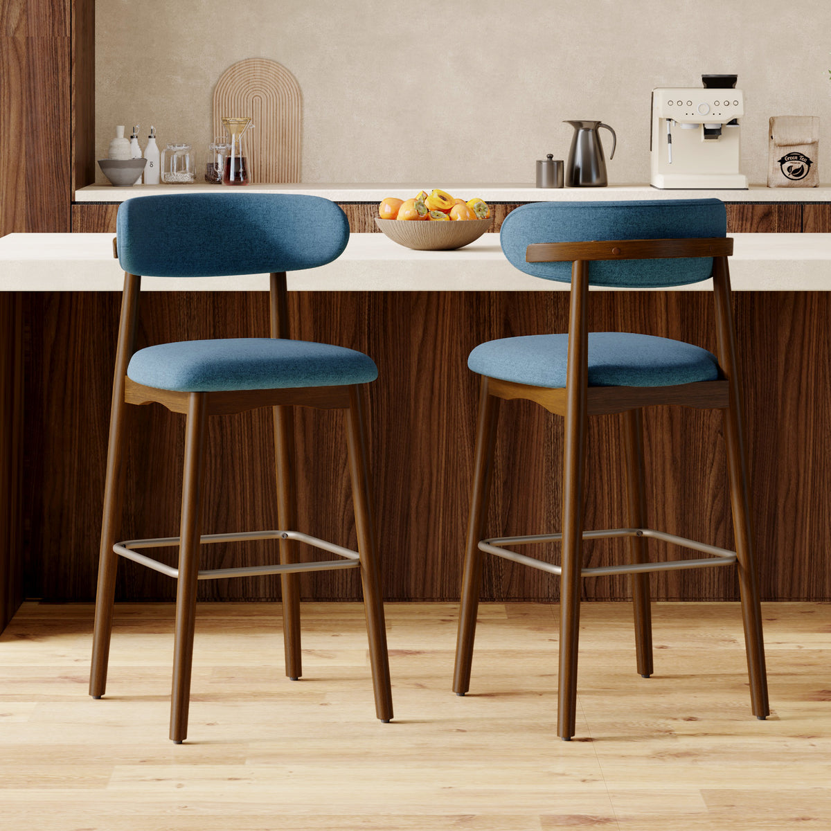 Modern Steady Metal Counter Height Bar Stools with Rubber Wood Legs Ergonomic Backrest for Home Bar Dining Room & Outdoor Use (Set of 2)