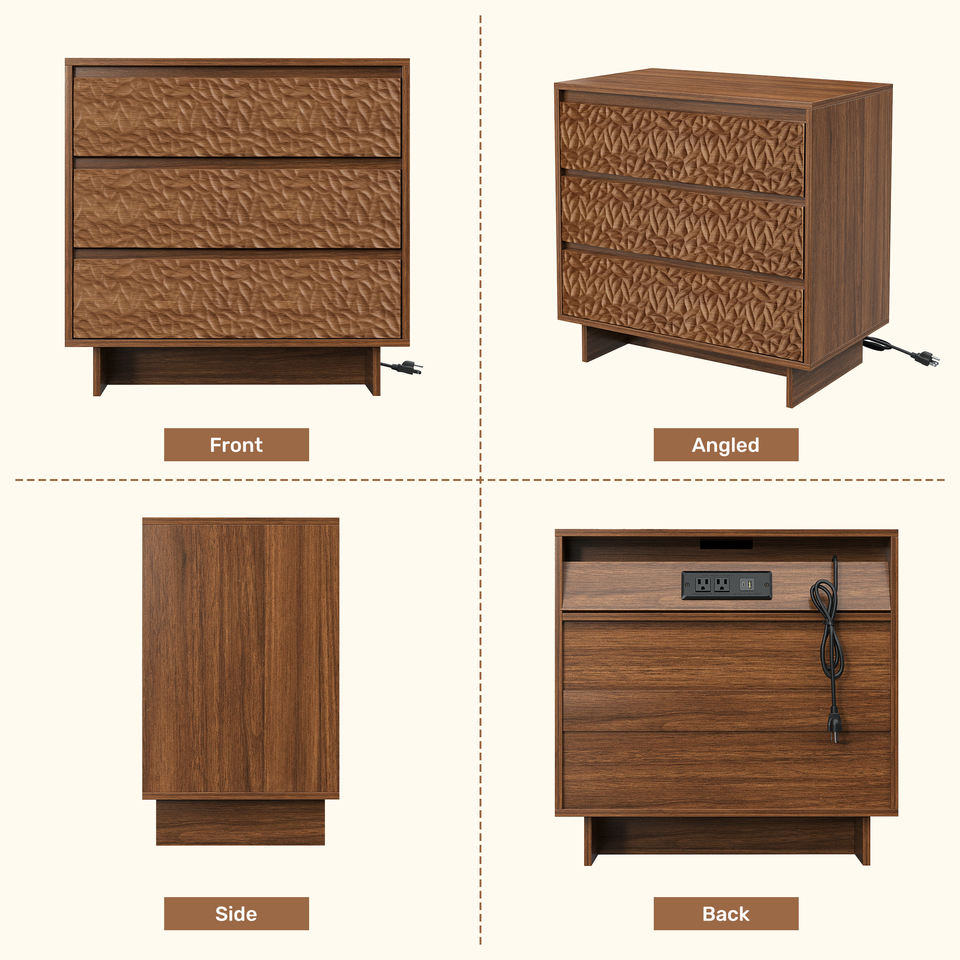 Modern 3-Drawer Wooden Nightstand USB Ports AC Outlets Waterproof Hidden Handle Eco-Friendly Handmade Apartment Bedroom Living