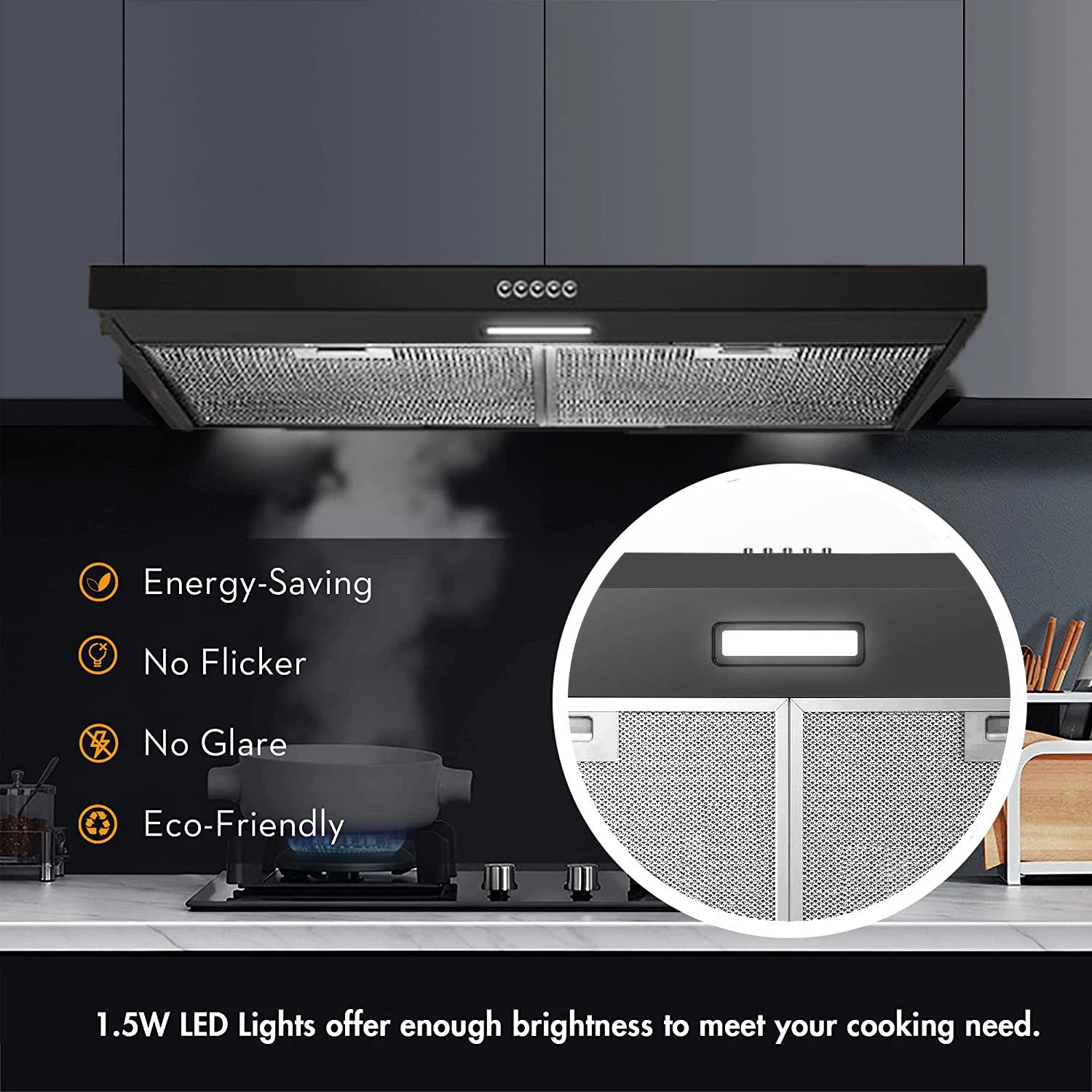 30in Under Cabinet Range Hood Cooking Vent 3-Speed Vent W/LED Black Ducted/Ductless Convertible,LED Light and Carbon Filter