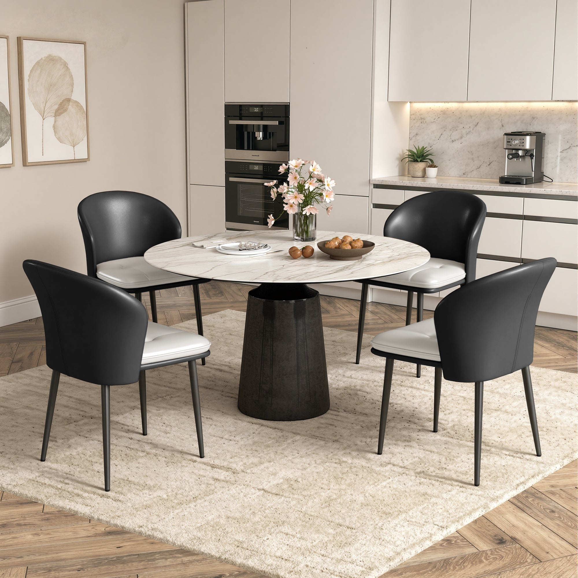 Modern Ergonomic Lightweight PU Leather Upholstered Waterproof Stable Dining Chair Curved Backrest for Home Dining Living Rooms (Set of 4)