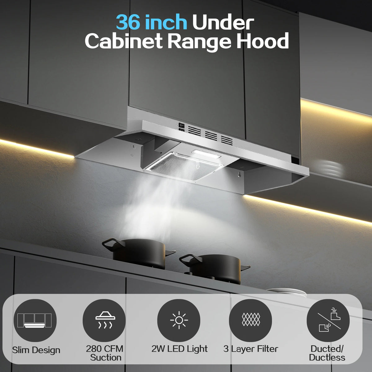 Range Hood 36 Inch Under Cabinet, Stainless Steel Kitchen Vent Hood 280CFM, Built-in Kitchen Stove Hood  Button Control