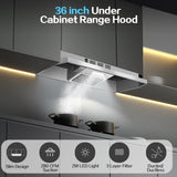 Range Hood 36 Inch Under Cabinet, Stainless Steel Kitchen Vent Hood 280CFM, Built-in Kitchen Stove Hood  Button Control