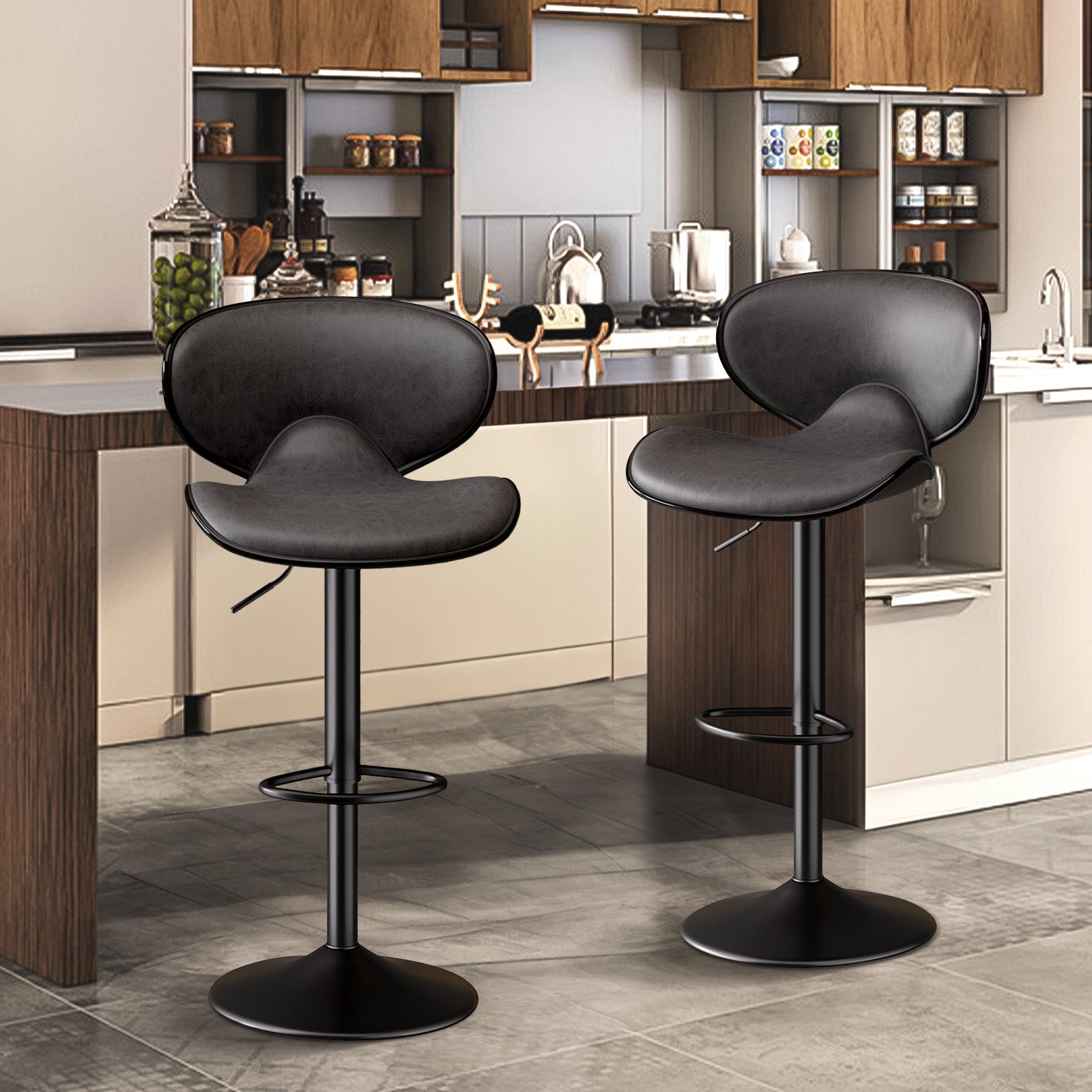 Modern PU Leather Adjustable Swivel Steady Iron Frame Barstools Outdoor Water Resistant Hotel Dining Living Room Thickened Seat (Set of 2)