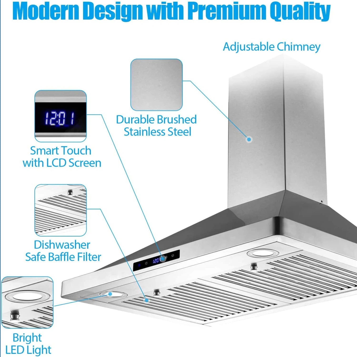 Wall Mount Range Hood 30 Inch Kitchen Hood 700 CFM ,Touch Control,Permanent Filters, Stainless Steel, 3 Speed  - view 4
