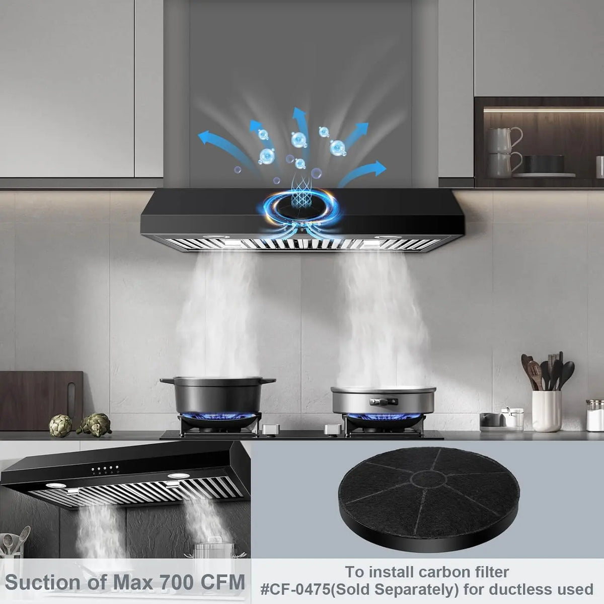 Under Cabinet Range Hood 30 Inch,Black Range Hood with 430 Spray-Painted Stainless Steel,3-speed Fan & 700 CFM Kitchen Hood