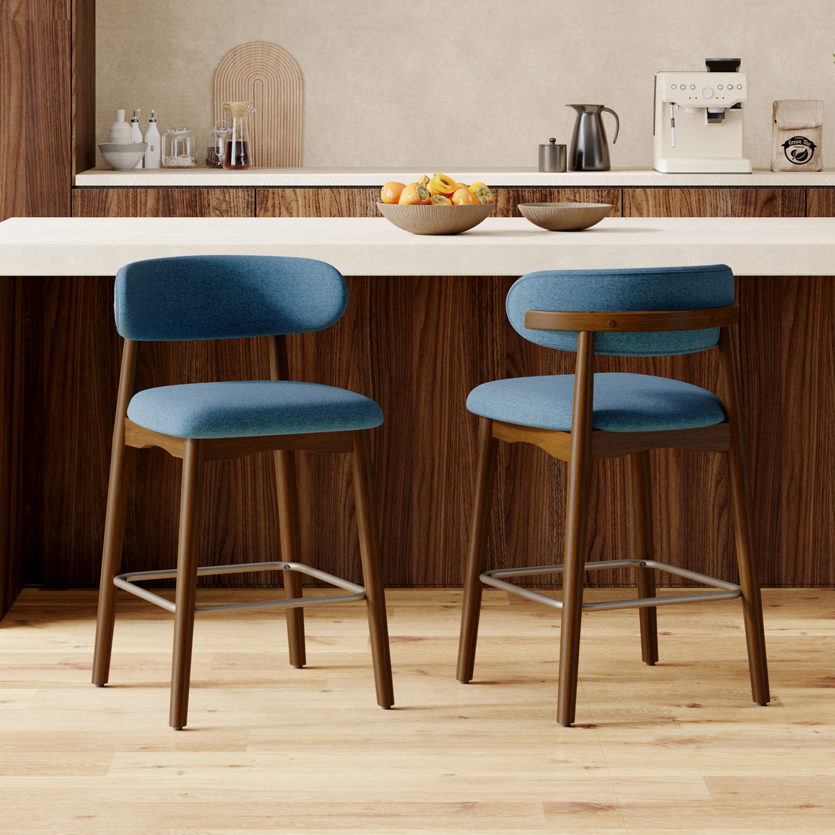 Eco-Friendly Fabric Durable Modern Bar Chair Solid Wood Frame 26.5 Inch Height Backrest for Kitchen Island Outdoor Hotel Use (Set of 3)