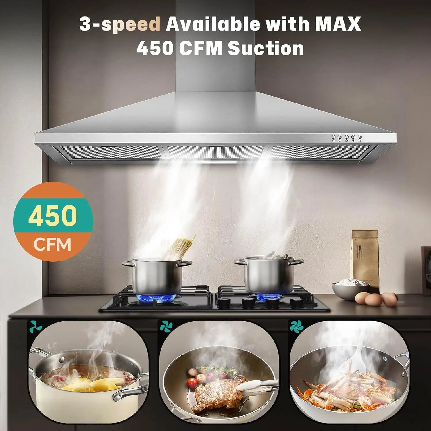 36 Inch Range Hood, 450CFM Wall Mount Stainless Steel Kitchen Vent Hood - 3-Speed Exhaust Fan, LED Light & Push Button Control