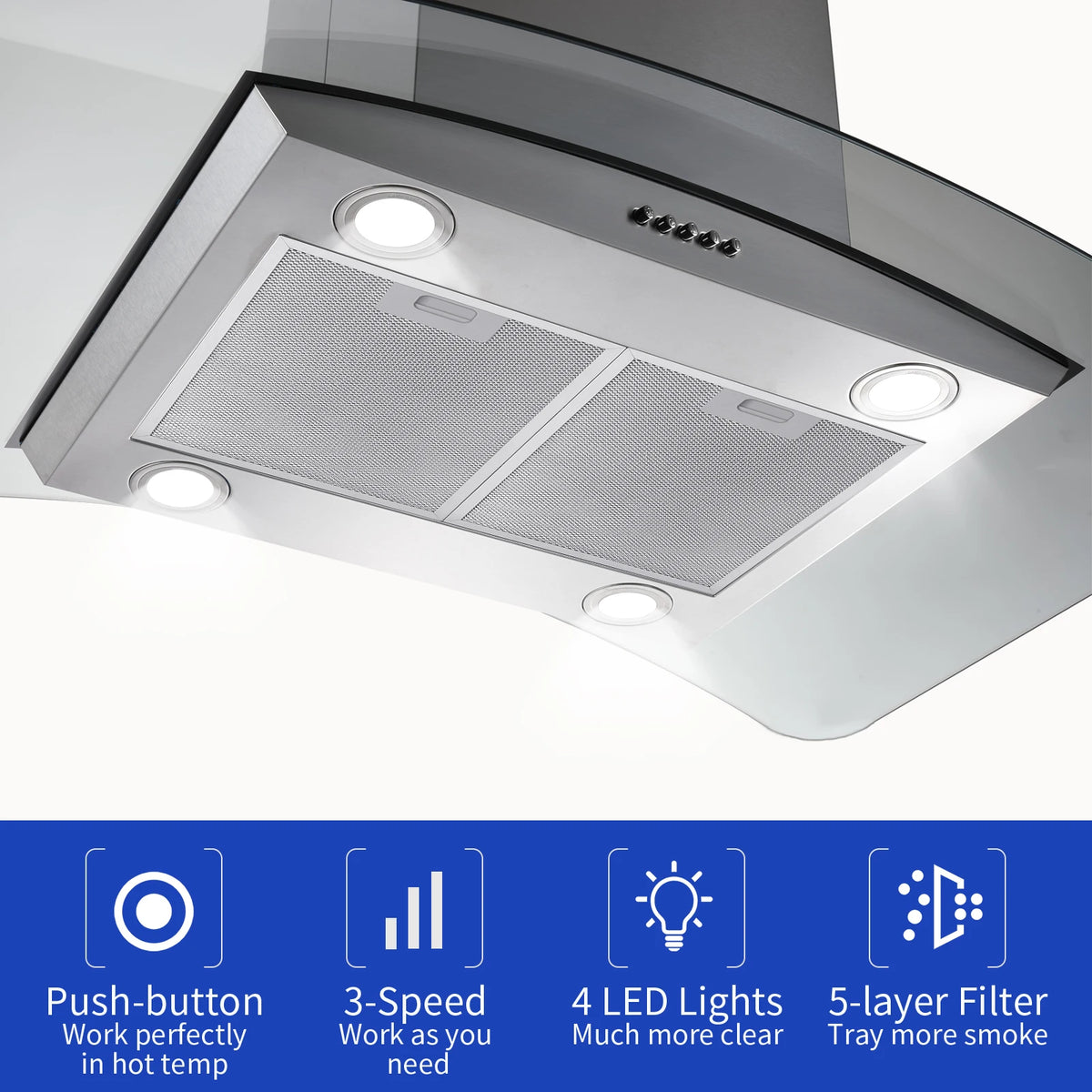 36 Inch Island Range Hood 700 CFM Ceiling Mount Hood Stainless Steel Stove Vent Hood with Tempered Glass, Push Button Controls