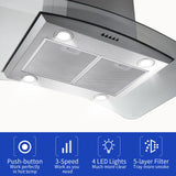 36 Inch Island Range Hood 700 CFM Ceiling Mount Hood Stainless Steel Stove Vent Hood with Tempered Glass, Push Button Controls