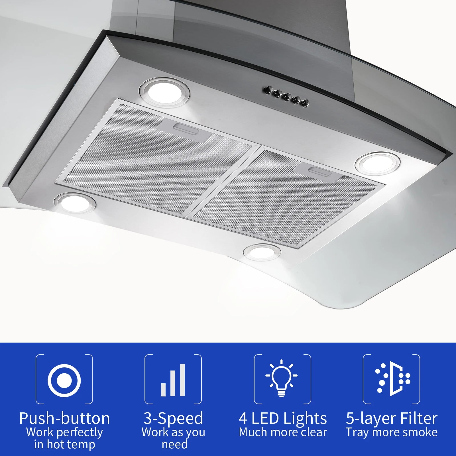 36 Inch Island Range Hood 700 CFM Ceiling Mount Hood Stainless Steel Stove Vent Hood with Tempered Glass, Push Button Controls