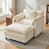 Chenille Two Seat Accent Sofa Ottoman Cozy Upholstered Modern Sofa Set Beige Lounge Decorative Pillows Wood Legs Living Room