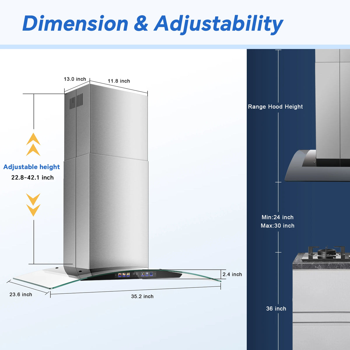 Island Range Hood 36 Inch 700 CFM, Ceiling Mount Kitchen Exhaust Hood with Gesture Sensing Tempered Glass, RHA290BT2