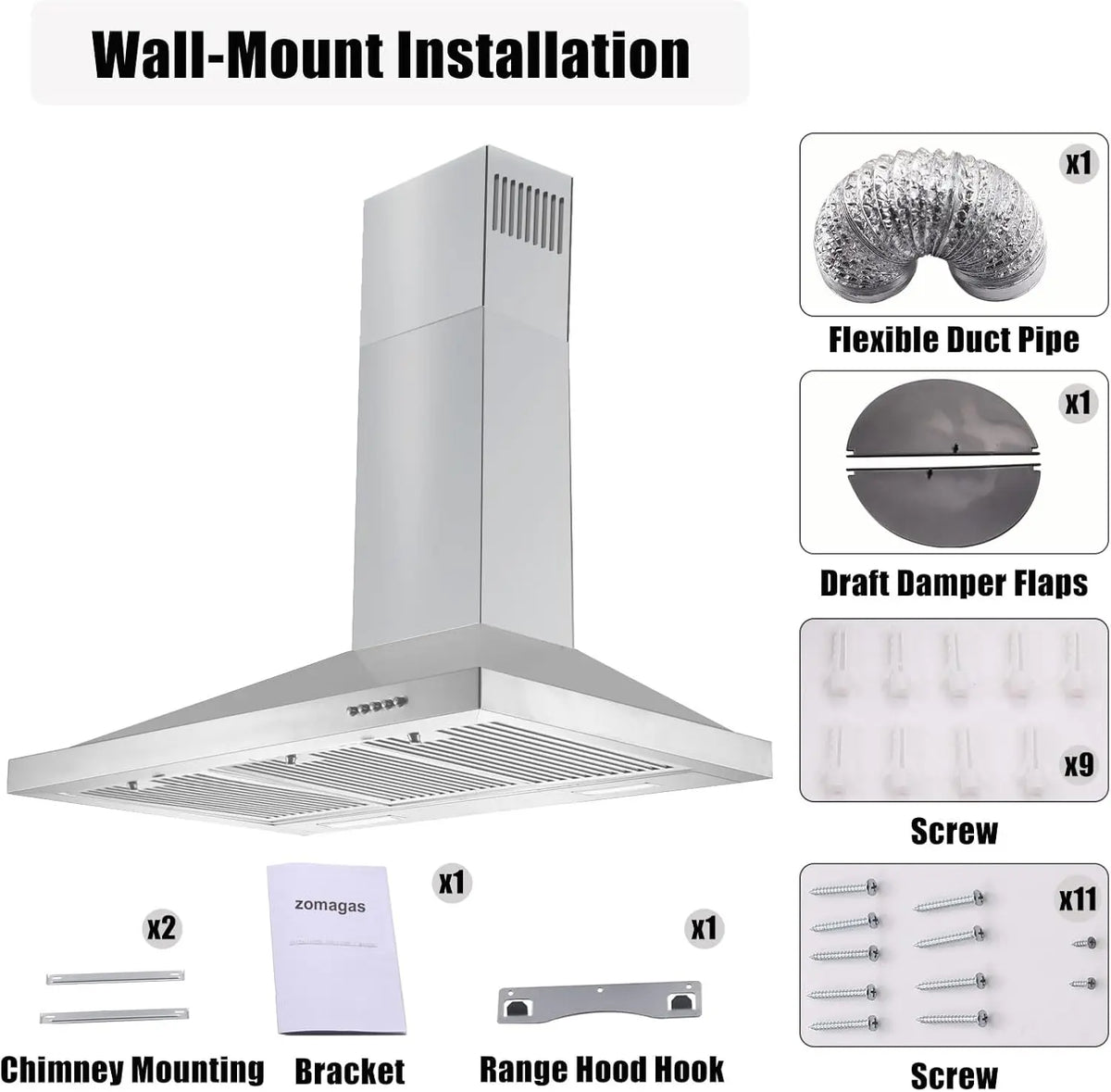 36 Inch Range Hood, Wall Mounted Vent Hood in Stainless Steel,3 Speed Exhaust Fan, 3 Pcs Baffle Filters, Energy Saving LED Light