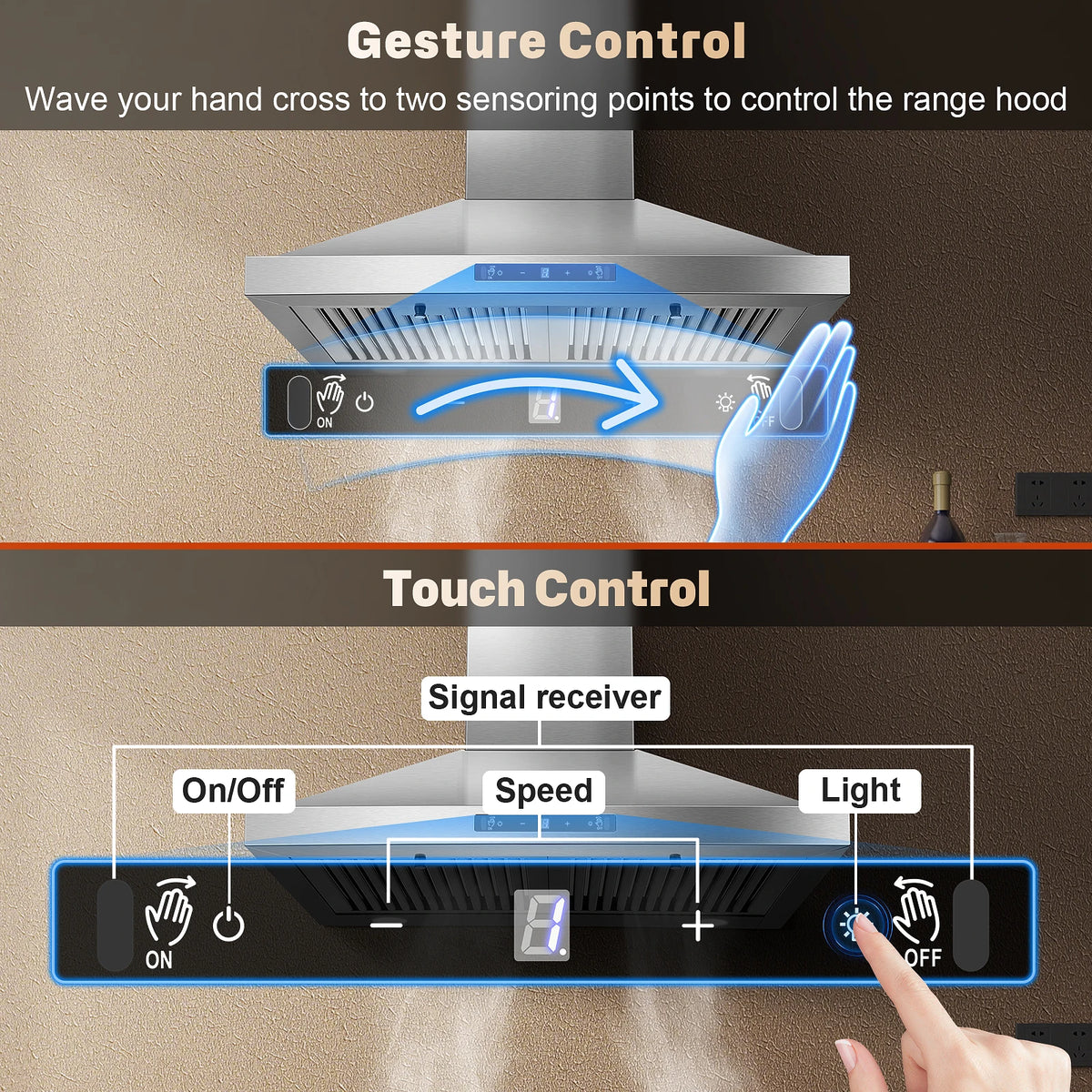 24 Inch Range Hood, Range Hood 450CFM, Wall Mount Kitchen Hood in Stainless Steel, Gesture Sensing & Touch Control 3 Speed Fan