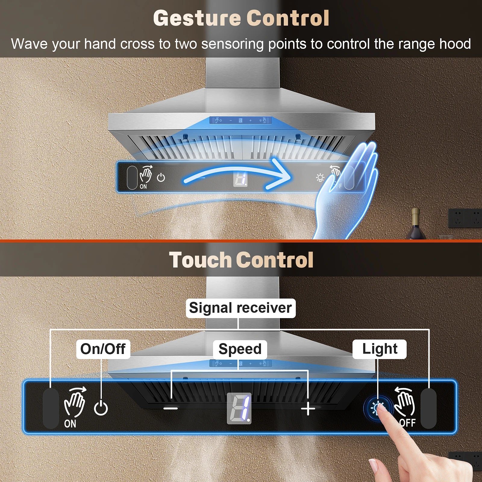 24 Inch Range Hood, Range Hood 450CFM, Wall Mount Kitchen Hood in Stainless Steel, Gesture Sensing & Touch Control 3 Speed Fan