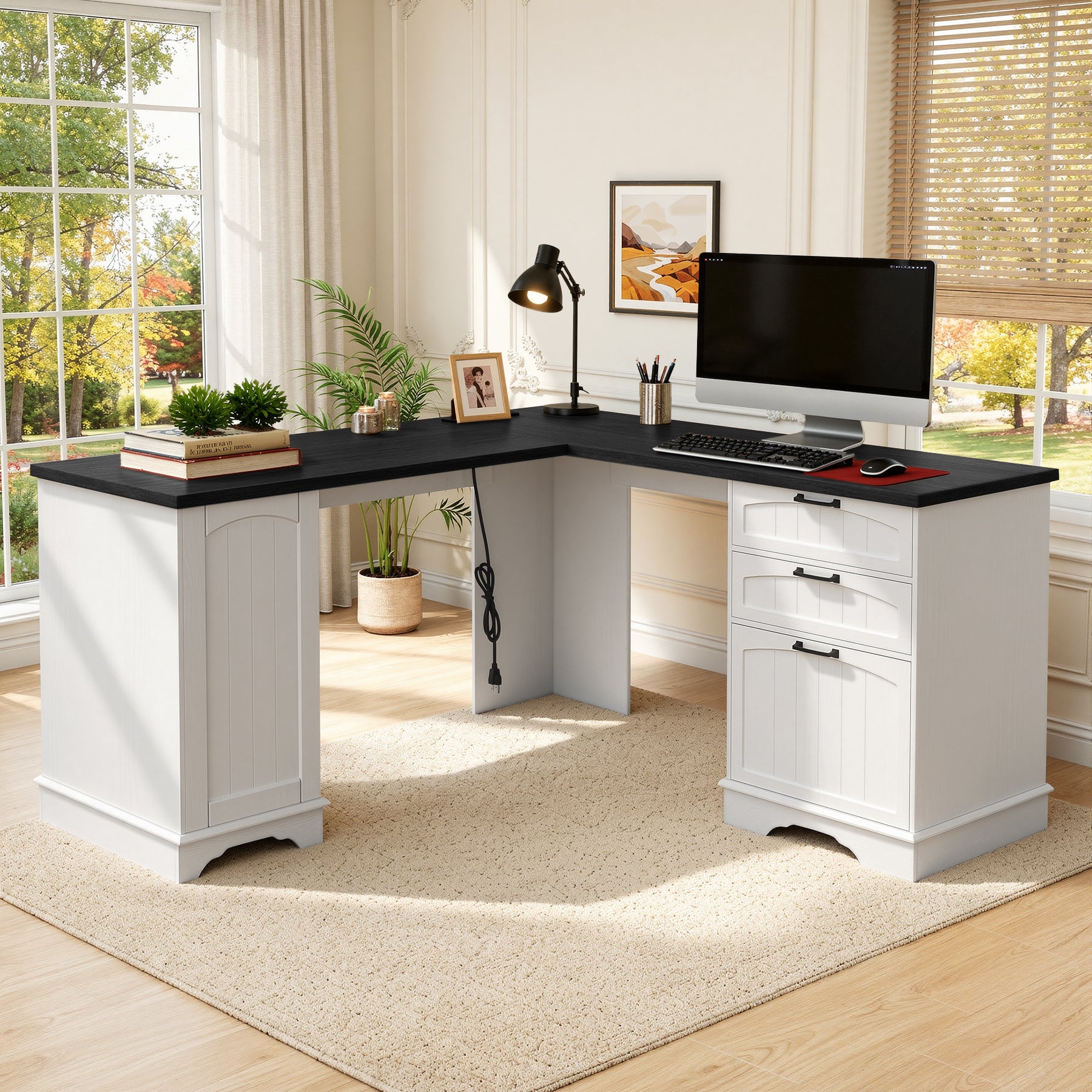 Modern L-Shaped Office Desk with USB Charging Drawers & File Cabinet Easy Assembly for Home & Office
