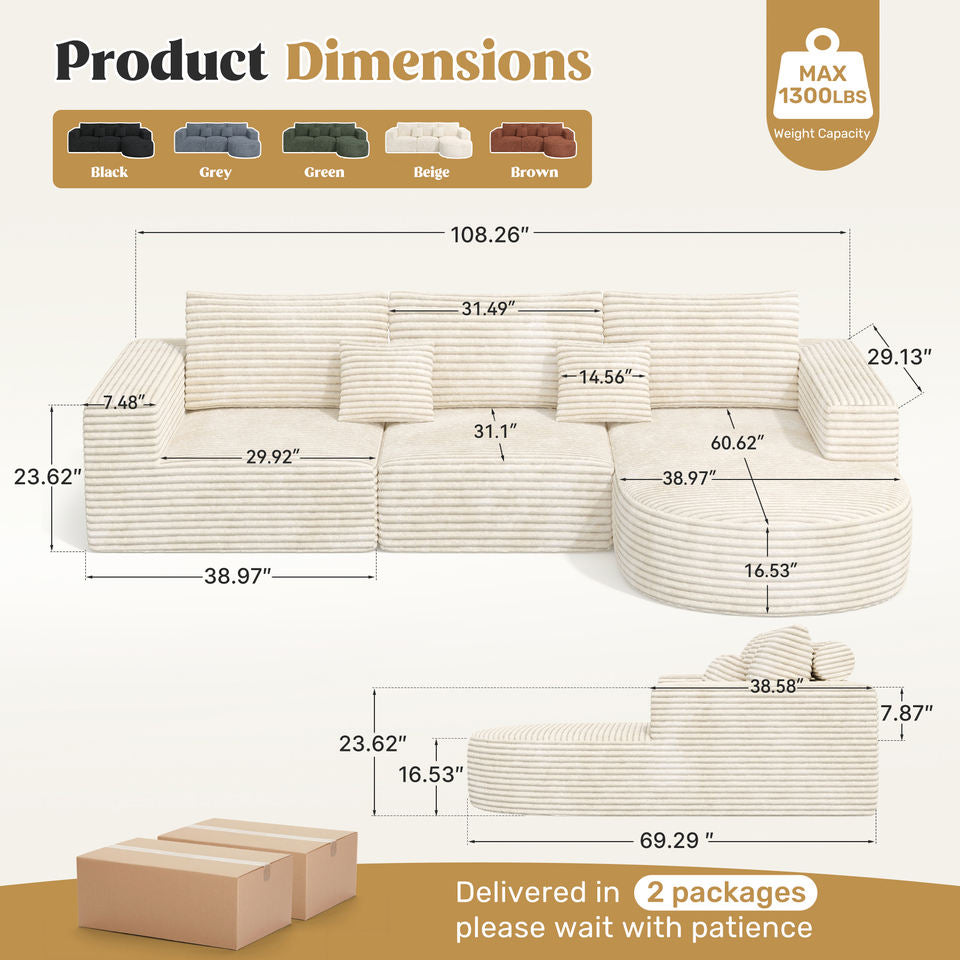 Boneless Convertible Modular Sectional Sofa Set Sponge Filled L-Shaped Chaise Lounge Bed Ottoman Modern Design Massage School