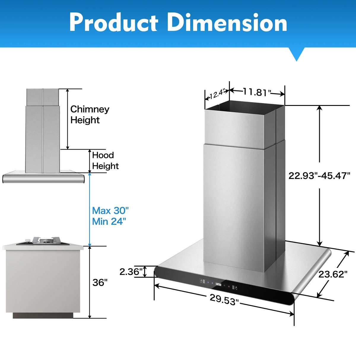 Island Range Hood 30 Inch, 700 CFM Dual-Sided Ceiling Mount Vent Hood, Touch,Gesture & Remote Control, 3-Speed Fan,4 LED Lights
