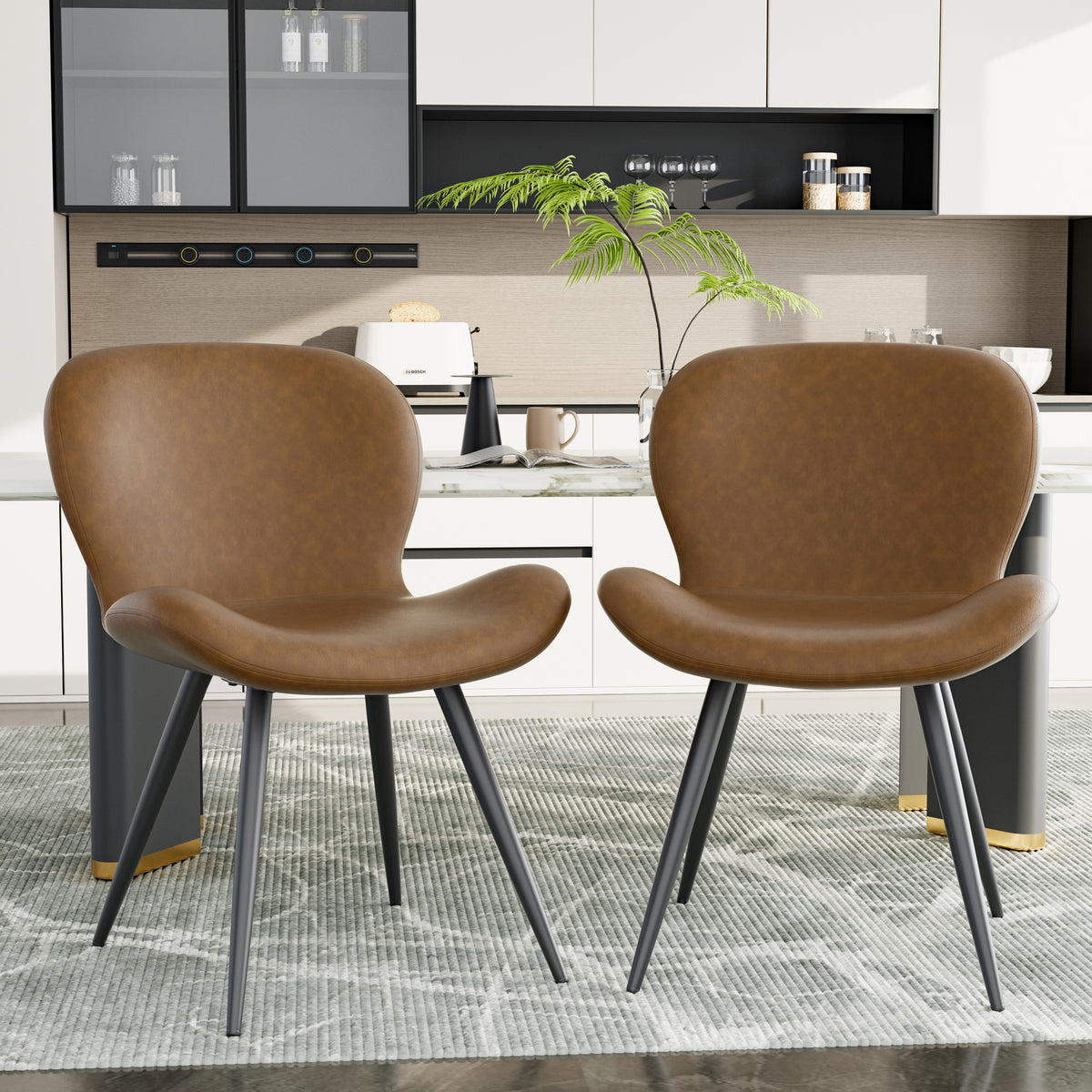 Ergonomic Curved Back Midcentury Modern Dining Chair Widened Seat PU Leather Sturdy Metal Base Comfort Restaurant Furniture (Set of 2)