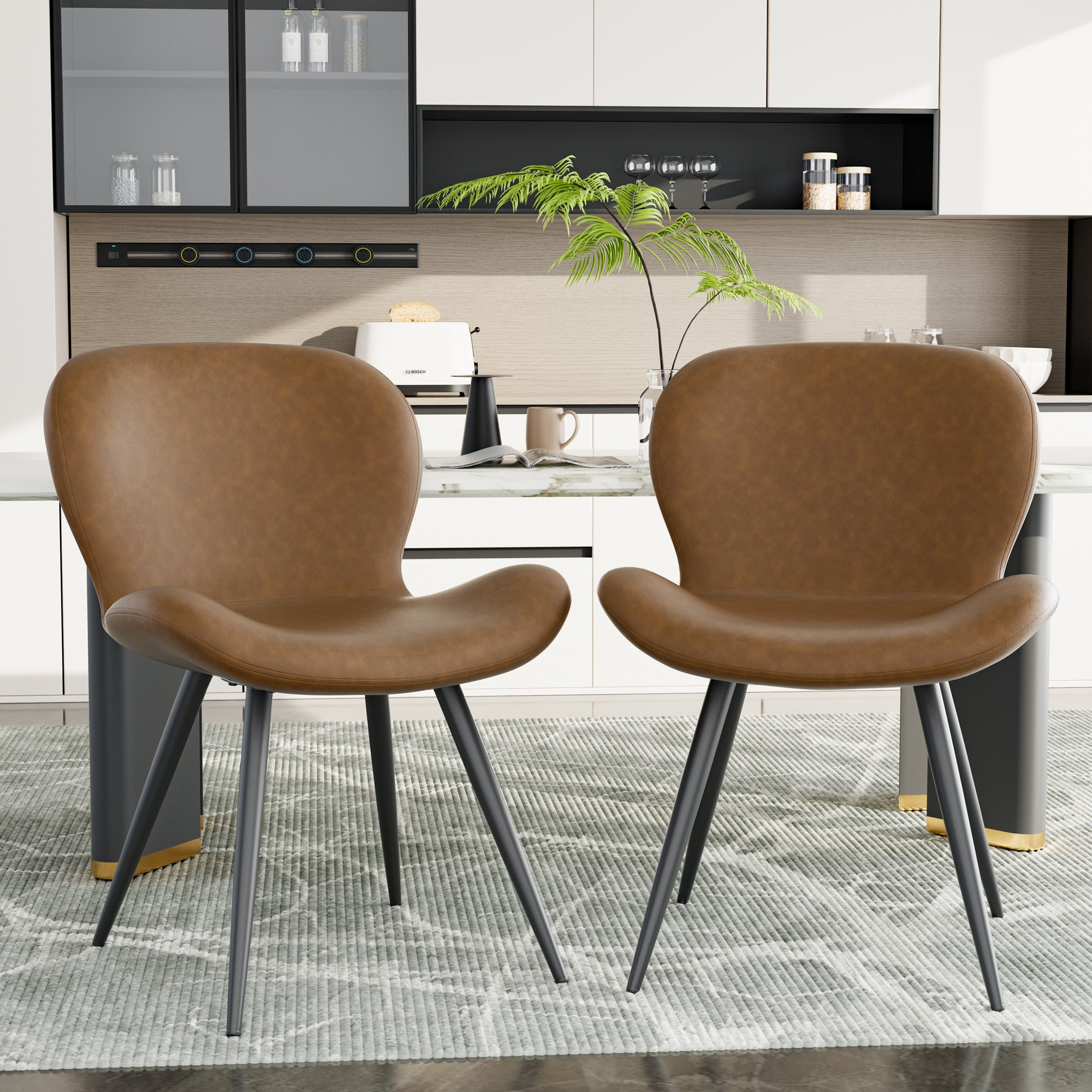Ergonomic Curved Back Midcentury Modern Dining Chair Widened Seat PU Leather Sturdy Metal Base Comfort Restaurant Furniture (Set of 2)