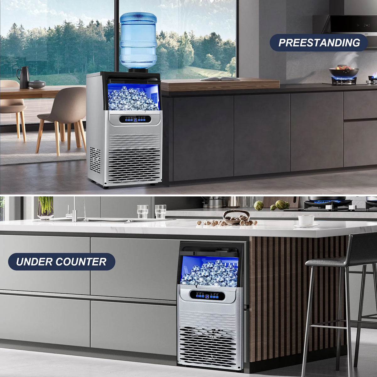 100LBS/24H Commercial Ice Maker Machine, Dual Water Inlet Under Counter or Freestanding Ice Machine,
