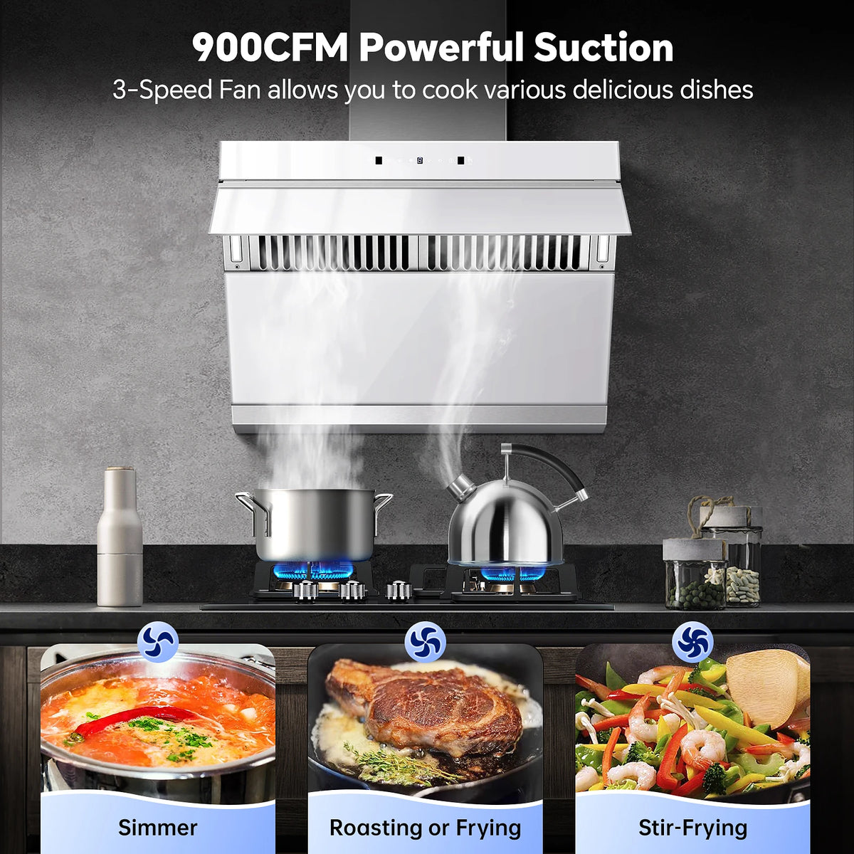 Under Cabinet Range Hood 30 Inch,Wall Mount Kitchen Hood 900 CFM with Heating Auto-cleaning Function, Gesture& Touch Control
