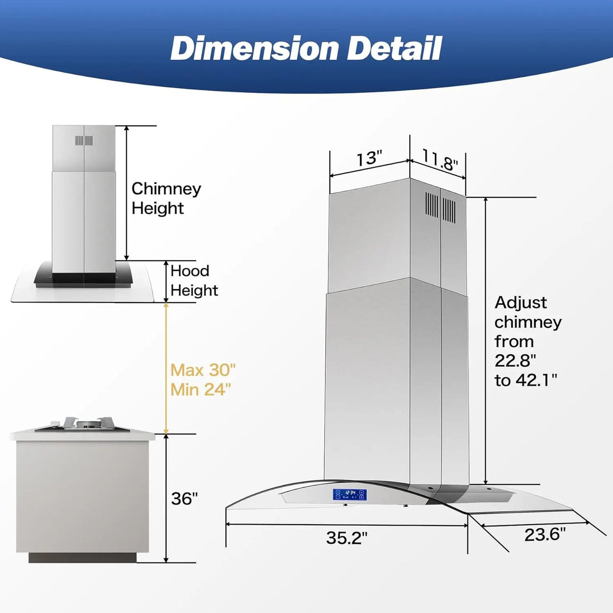 Island Range Hood 36 Inch 700 CFM Ceiling Mount Kitchen Stove Hood Ducted with Tempered Glass 4 LED Lights Gesture/Touch Control