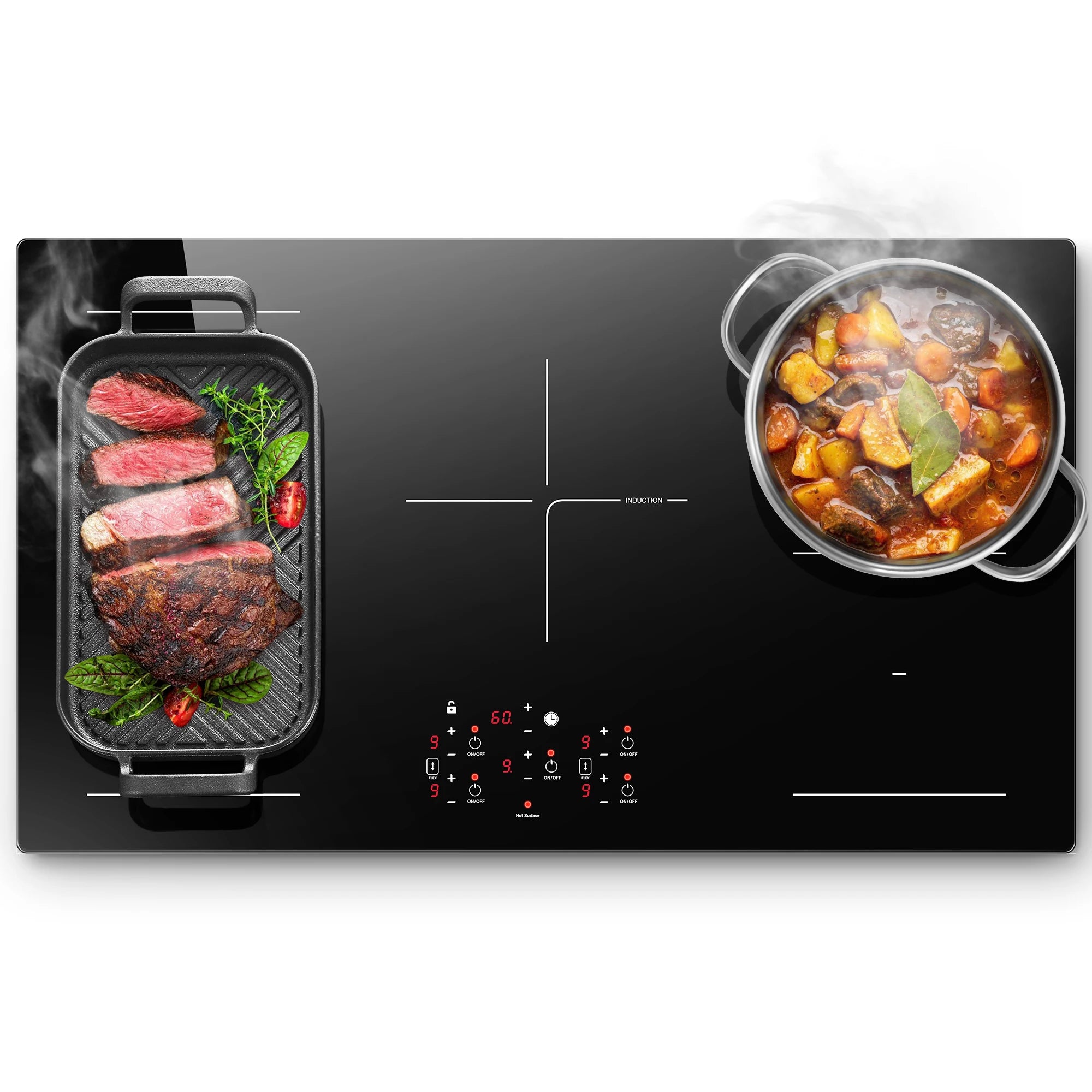 36 Inch Built-in  Electric Induction Cooktop 5 Burners, 10800W,Booster, Timer, Child Lock, Sensor Touch Control,No Plug