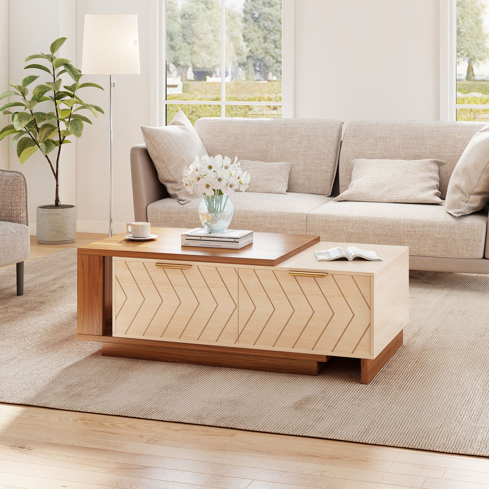 Hidden storage compartment inside the modern coffee table keeps living room clutter out of sight