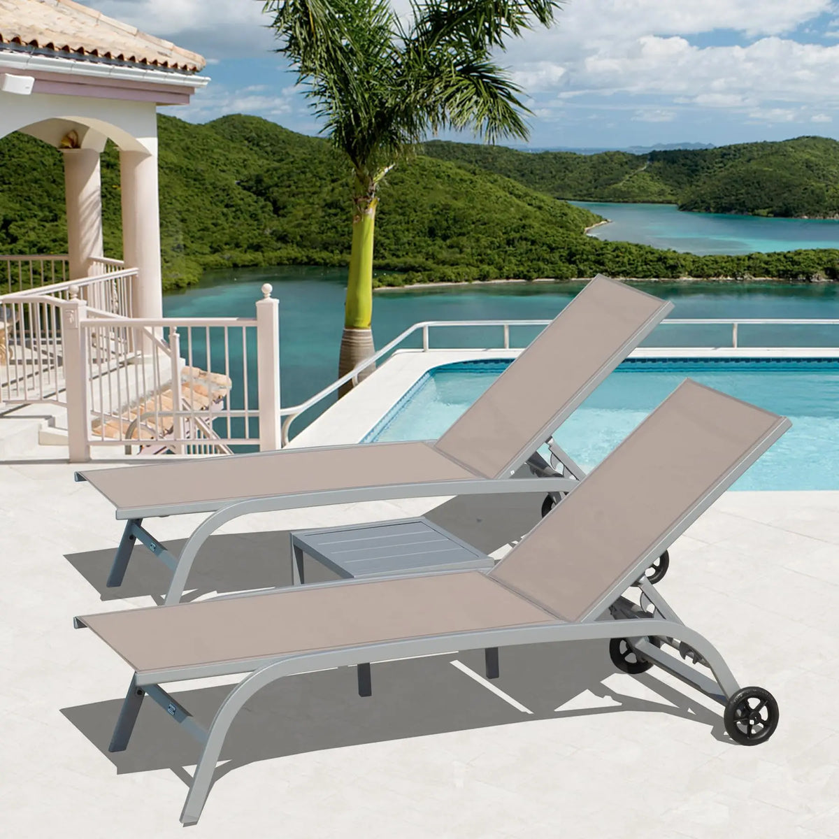 Set of 2 Aluminum Patio Chaise Loungers with Table