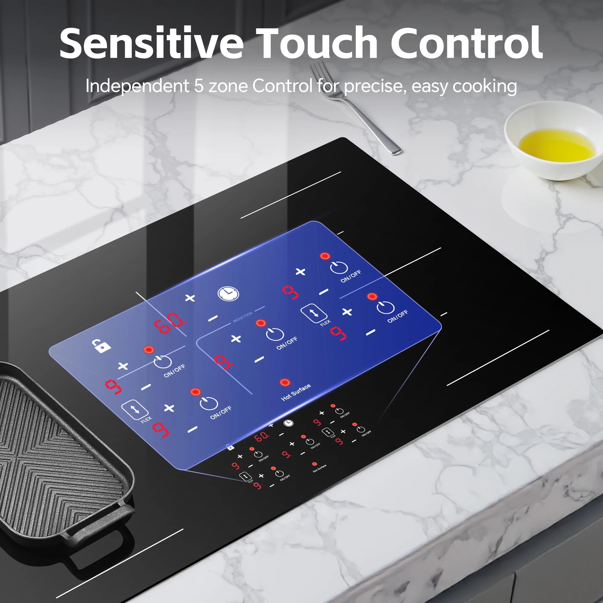 36 Inch Built-in  Electric Induction Cooktop 5 Burners, 10800W,Booster, Timer, Child Lock, Sensor Touch Control,No Plug
