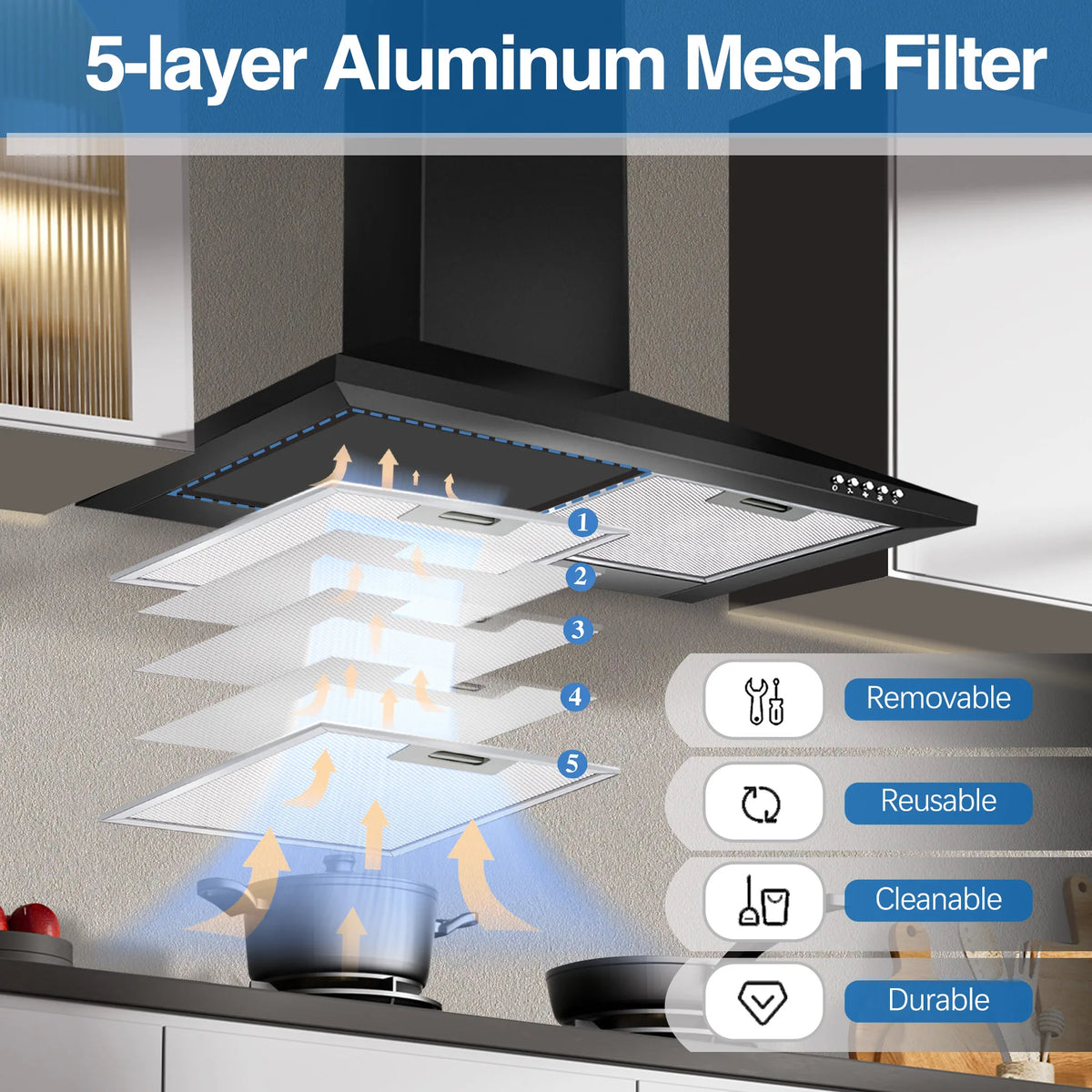 Black Range Hood,Wall Mount Range Hood 24 Inch,Stainless Steel Kitchen Hood Aluminum Filters,3 Speed Exhaust Fan LED Light