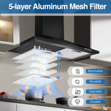 Black Range Hood,Wall Mount Range Hood 24 Inch,Stainless Steel Kitchen Hood Aluminum Filters,3 Speed Exhaust Fan LED Light