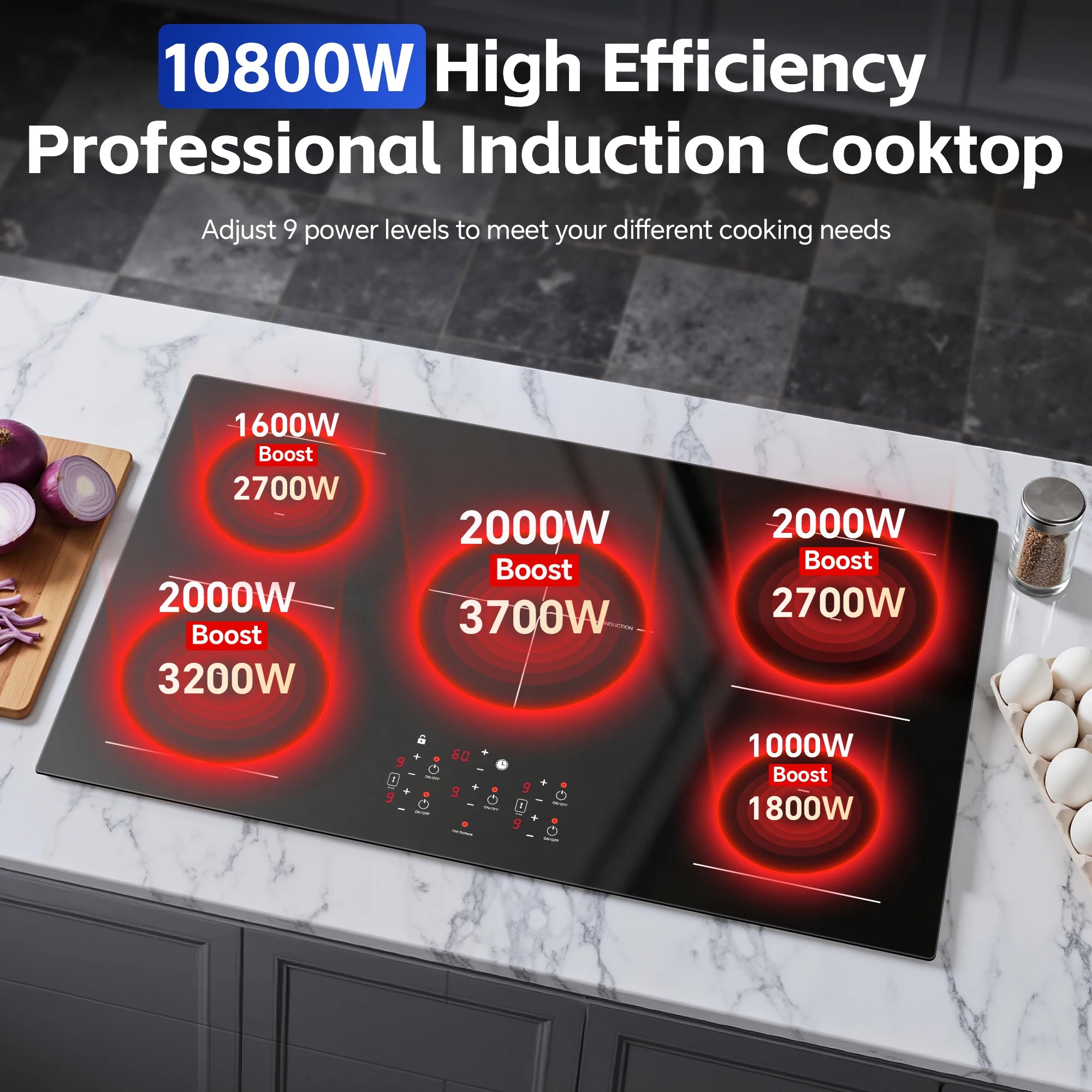 36 Inch Built-in  Electric Induction Cooktop 5 Burners, 10800W,Booster, Timer, Child Lock, Sensor Touch Control,No Plug