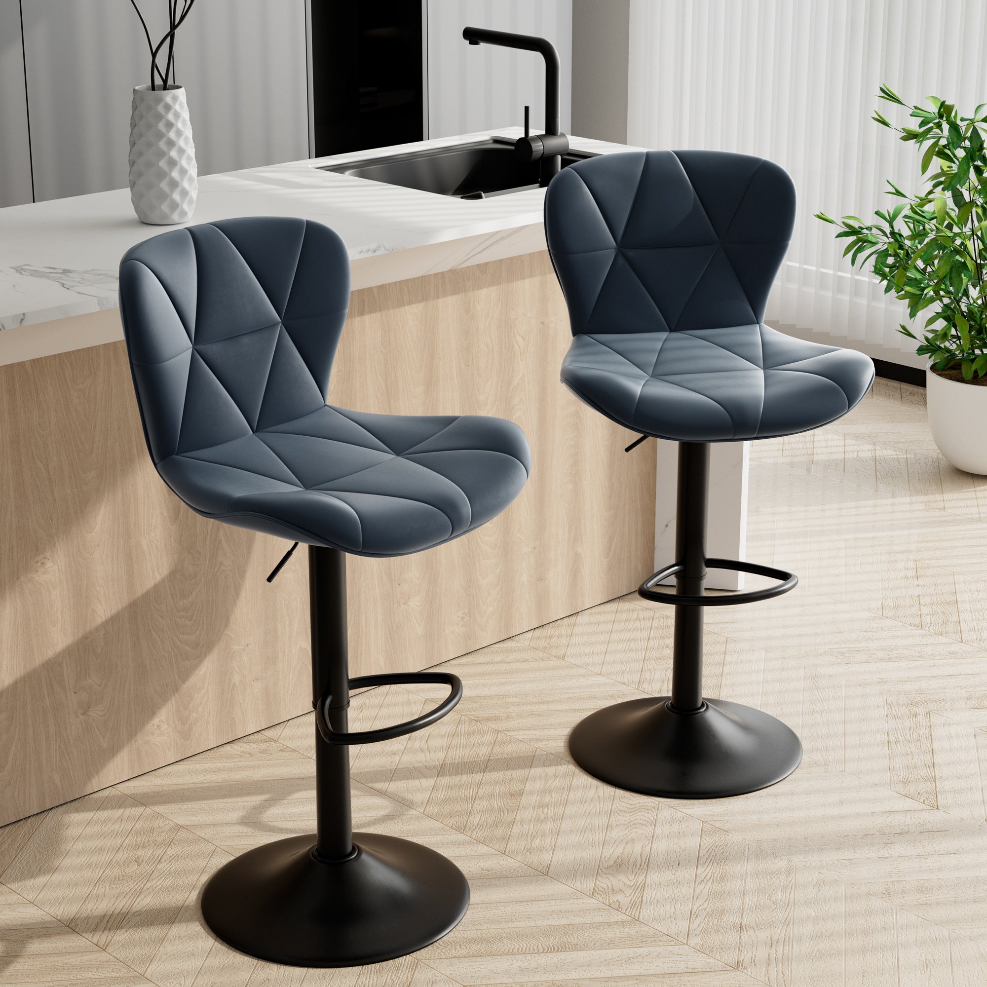 Modern Outdoor Adjustable Swivel PU Faux Leather Upholstered Iron Frame Counter Height High Backrest Home Bar Kitchen Island (Set of 2)