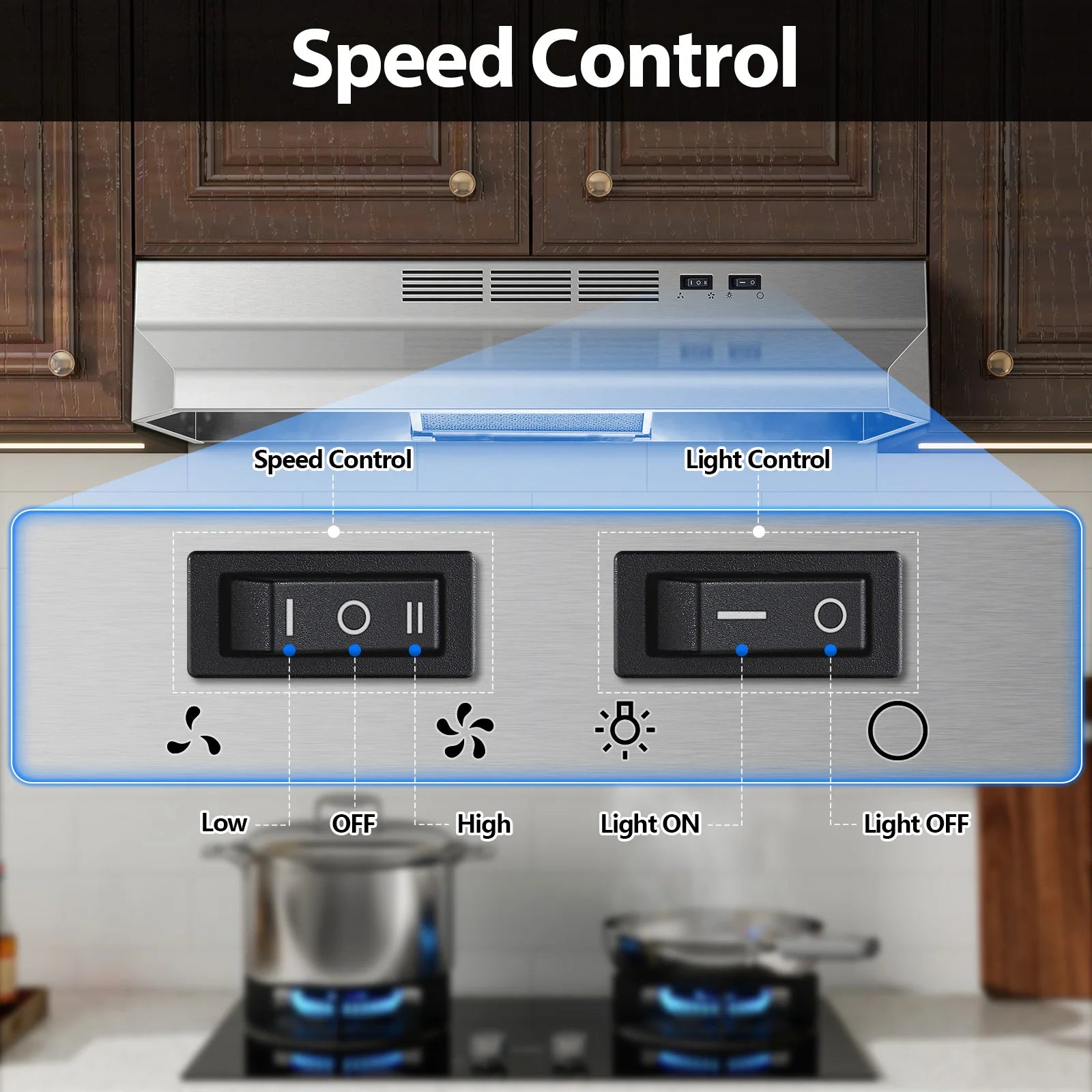 30 Inch Stainless Steel Under Cabinet Range Hood 400CFM Convertible Vent Hood with 2 Speed Exhaust Fan and Rocker Switch Control