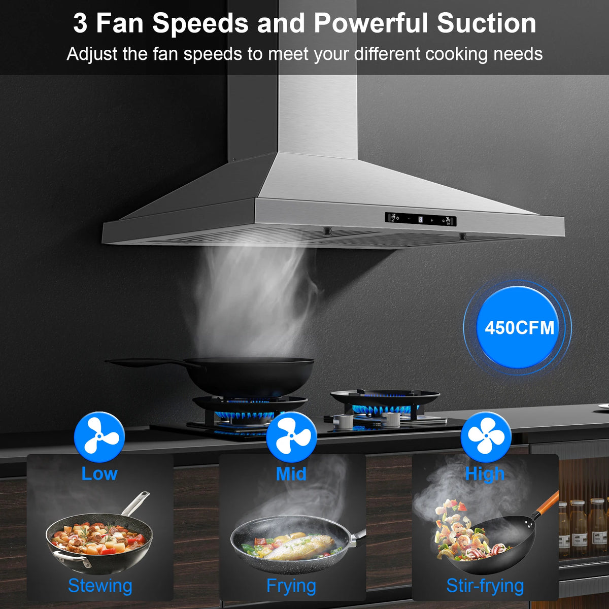 Wall Mount Range Hood 30 Inch, Range Hood with  Touch Control, Kitchen Hood 30 Inch 3 Speed Fan Vent Hood W/ Baffle Filters