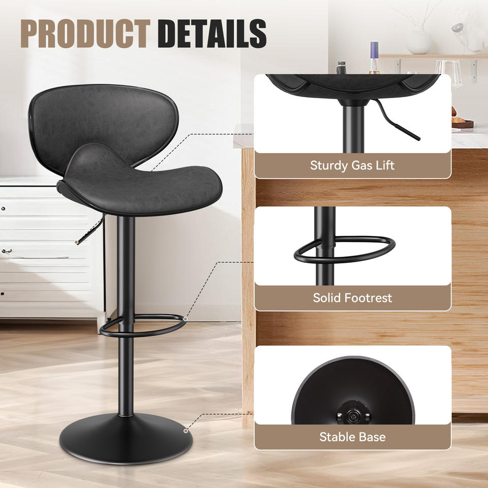 Modern PU Leather Adjustable Swivel Steady Iron Frame Barstools Outdoor Water Resistant Hotel Dining Living Room Thickened Seat (Set of 2)