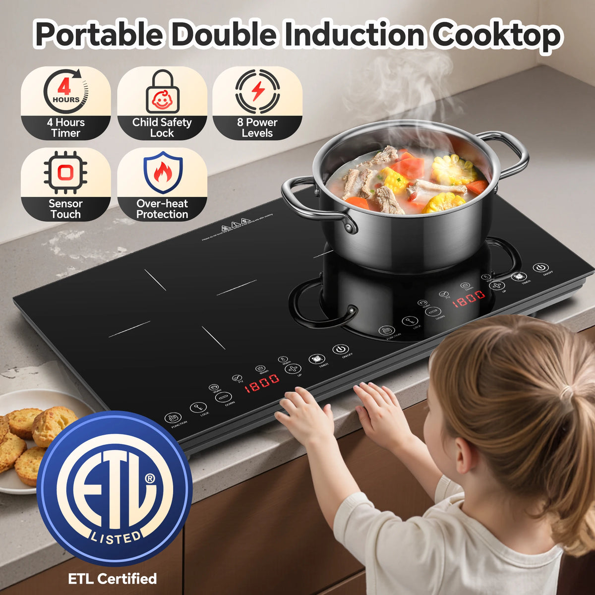 Portable Induction Cooktop 2 Burner-1800W Ultra Thin Design, Sensor Touch Control, Child Safety Lock & Timer | Electric Cooktop