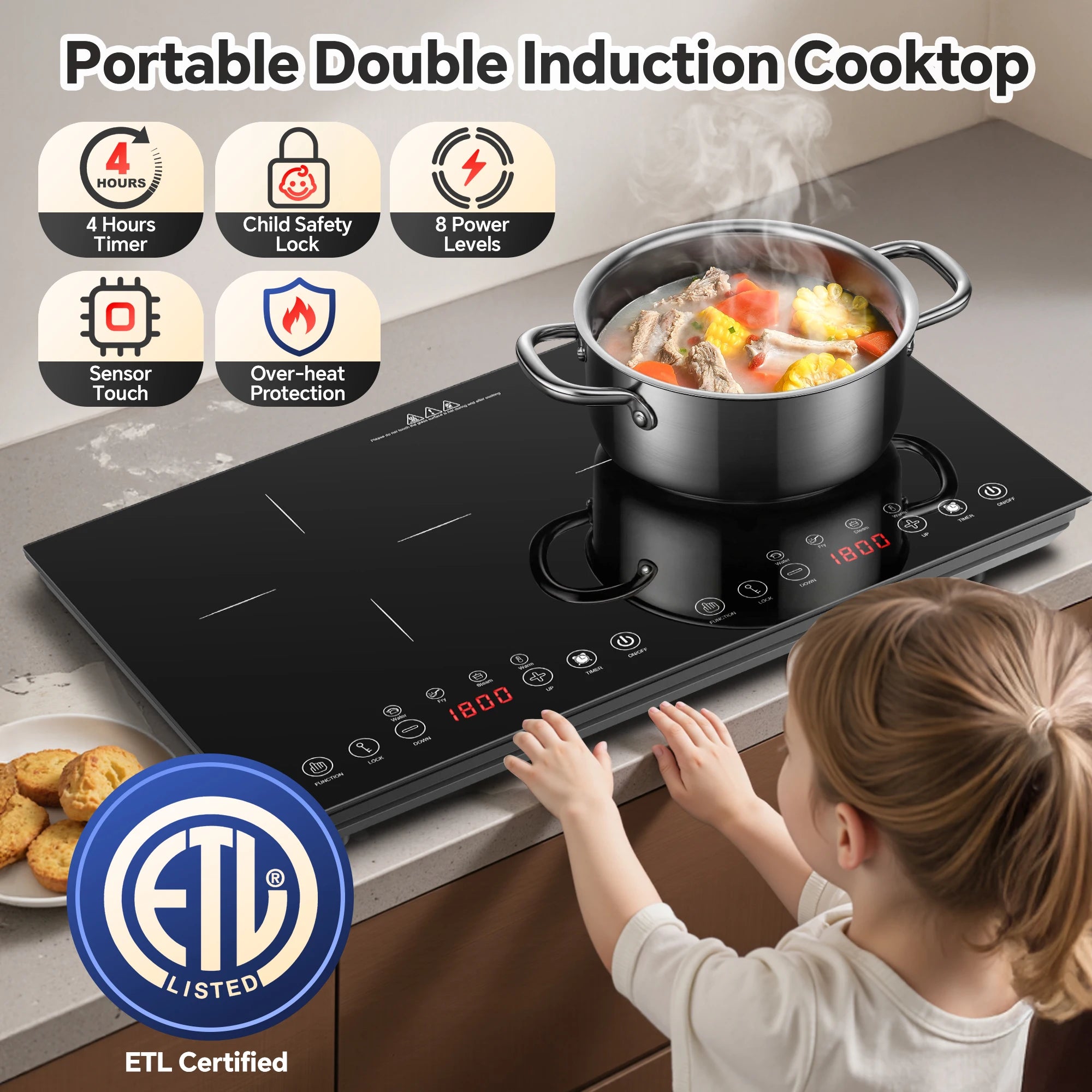 Portable Induction Cooktop 2 Burner-1800W Ultra Thin Design, Sensor Touch Control, Child Safety Lock & Timer | - view 5