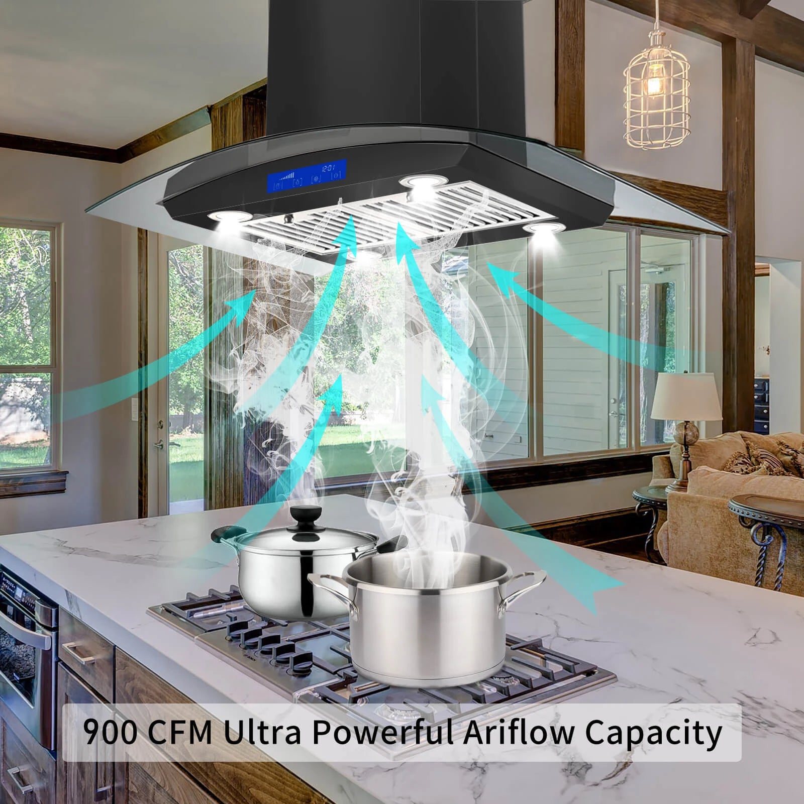 30 Inch Island Range Hood Black 700CFM Touch Panel Ceiling Mount Vent Hood, Stainless Steel Kitchen Exhaust Fan Convertible
